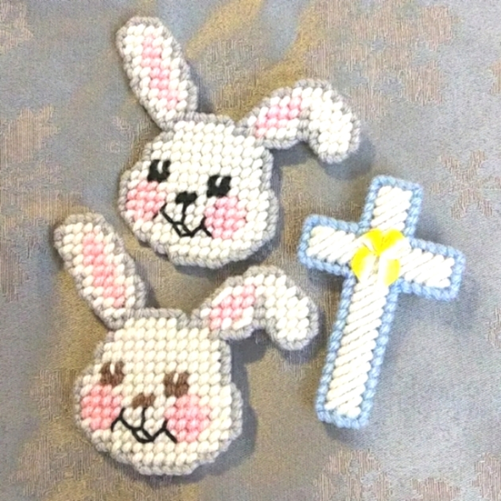 Set of 3 Pins Hand Made Bunny Faces and Cross